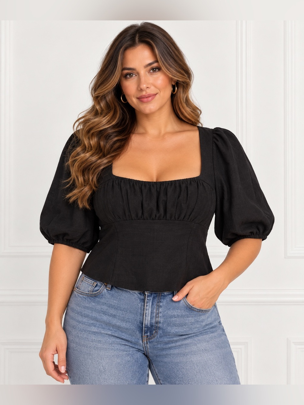 Black Square-Neck Puff Sleeve Crop Top
